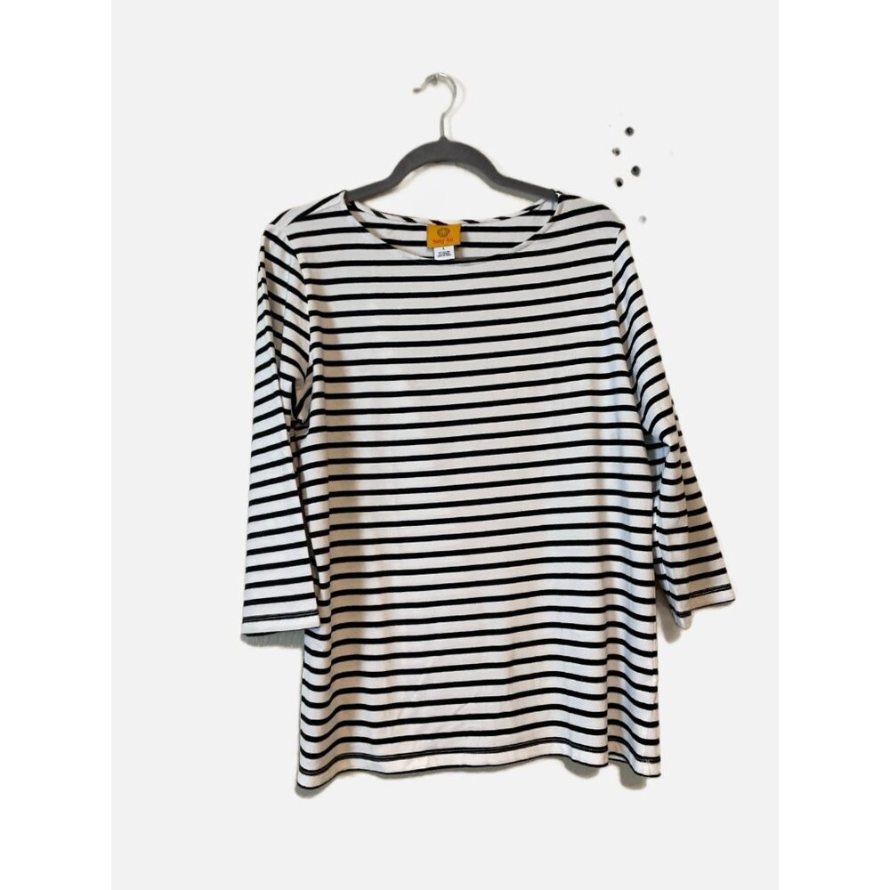 Ruby Rd Women Scoop Neck 3/4 Sleeve Pullover Grey Stripe Sweater Top Size L. New